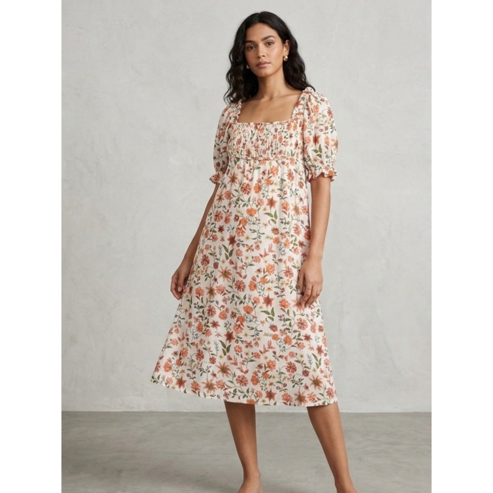 Mark D. Sikes Anthropologie Floral Smocked Tie Back Puff Sleeve Midi Dress XL